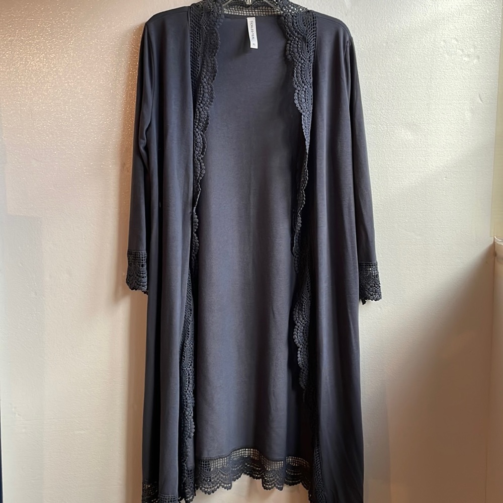 Tickled Teal crochet edged lace long open front knit lightweight cardigan XL